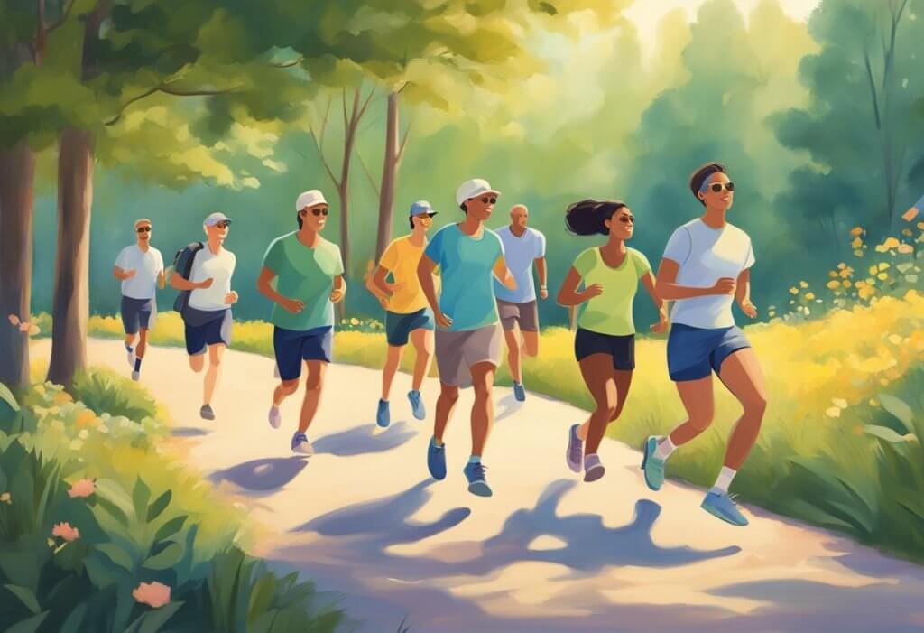 A group of people running in the sunshine.