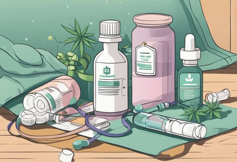 CBD bottle surrounded by cancer-related items: ribbon, hospital bed, and medication. A serene and hopeful atmosphere