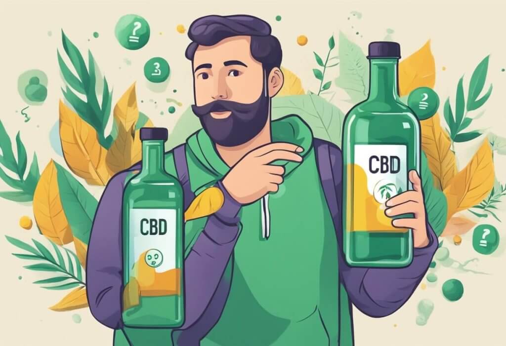 Is CBD Bad for You? A person holding a bottle labeled "CBD" with a question mark above their head, surrounded by conflicting information and opinions