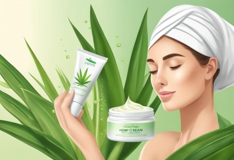 A soothing cream being applied to inflamed skin, with a backdrop of natural ingredients like hemp and aloe vera
