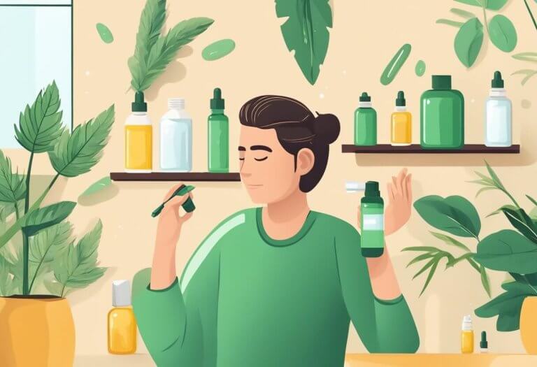 A person applying CBD oil to their dry scalp, with a bottle of CBD oil and a comb nearby