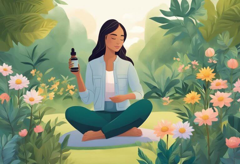 A woman sits in a peaceful garden, surrounded by blooming flowers and calming greenery. She holds a bottle of CBD oil, with a look of relief on her face