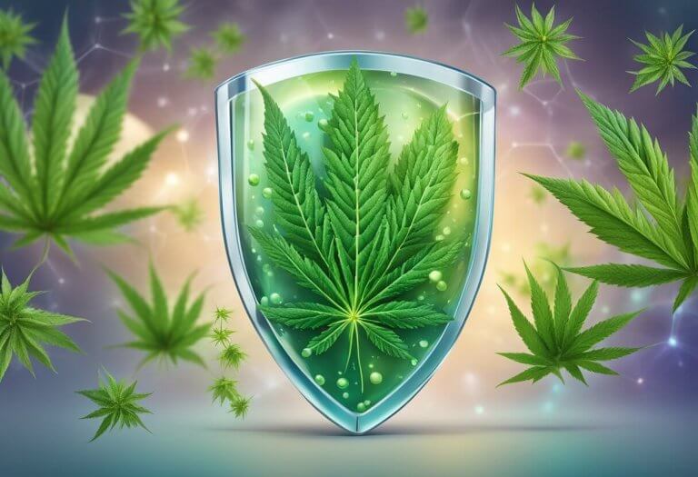 A stomach surrounded by a protective shield of CBD molecules