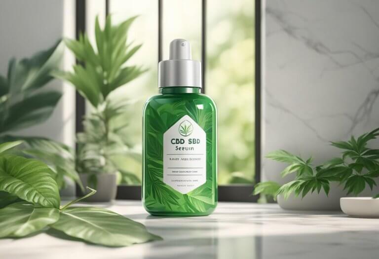 A bottle of CBD hair serum sits on a marble countertop, surrounded by lush green plants and natural sunlight streaming in through a window
