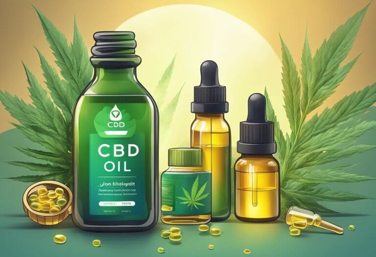CBD for joint pain - A bottle of CBD oil sits next to a pair of inflamed joints. A glowing halo surrounds the joints, indicating relief