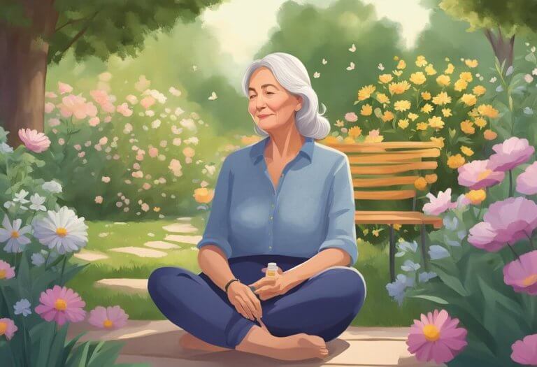 A woman in her 50s sits in a peaceful garden, surrounded by blooming flowers and a gentle breeze. She holds a bottle of CBD oil, with a serene expression on her face