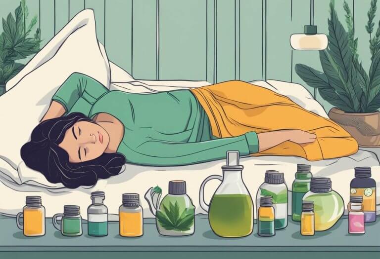 A woman lying in bed with a hot water bottle on her abdomen, surrounded by bottles of CBD oil and herbal tea