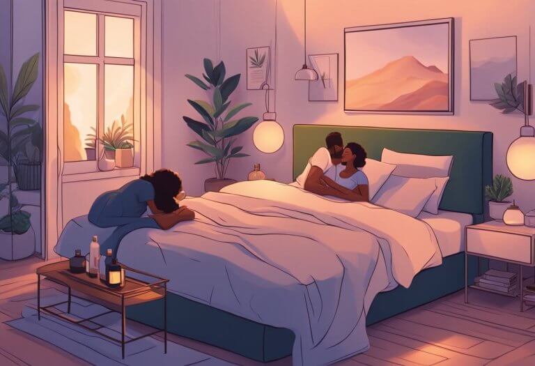 A couple lies in a cozy bedroom, surrounded by soft lighting and sensual music. A bottle of CBD oil sits on the nightstand, adding to the romantic atmosphere