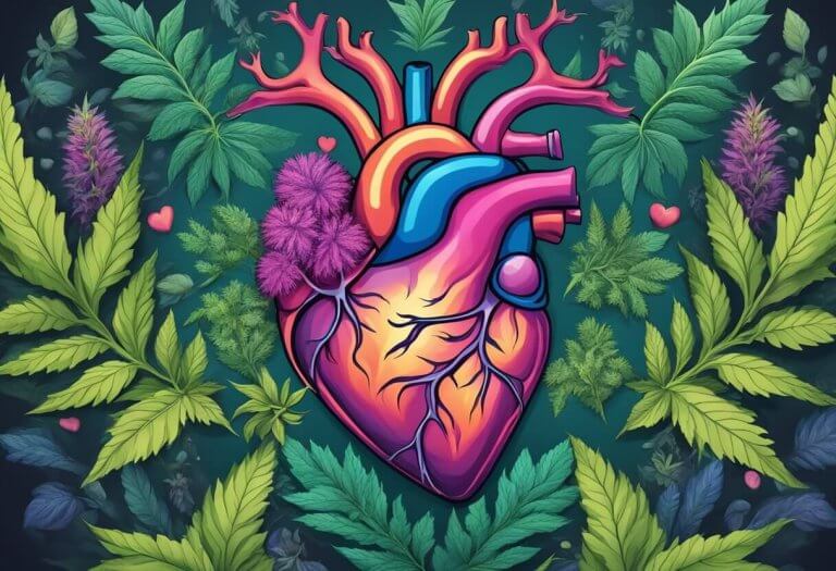 A vibrant heart surrounded by CBD plants, radiating health and vitality