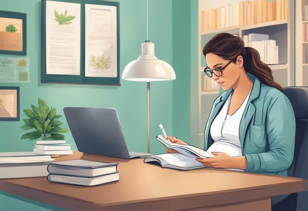A pregnant woman reading a book on CBD with a doctor's office in the background