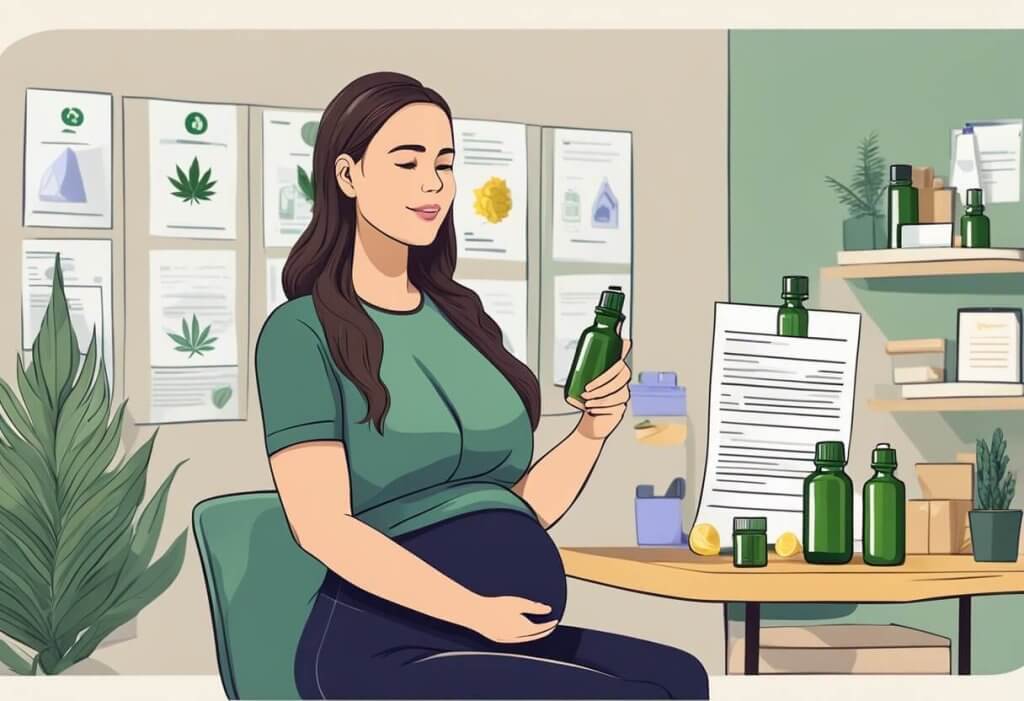 A pregnant woman holding a bottle of CBD oil with a caution sign and a legal document in the background