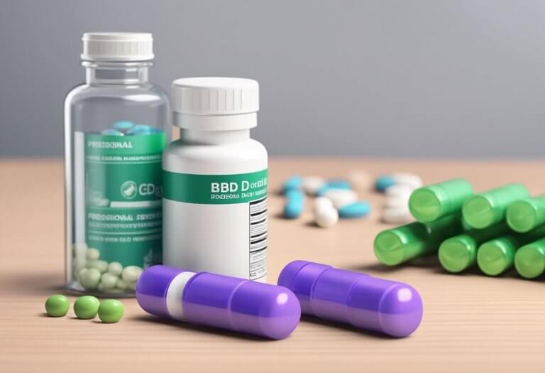 CBD bottle next to a reduced stack of steroid pills