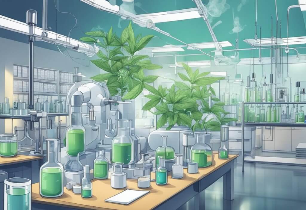 A lab setting with CBD and CBDA molecules interacting, surrounded by scientific equipment and research papers