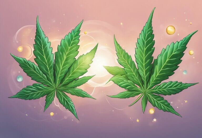 CBD vs THC - Two cannabis molecules face off in a dynamic showdown, with CBD exuding a calm and serene energy, while THC emanates a more intense and euphoric vibe