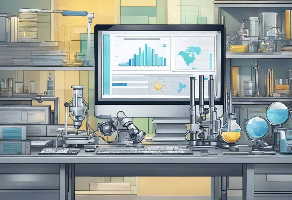 CBD Certificate of Analysis (COA). A table with a microscope, test tubes, and a computer displaying data, all surrounded by scientific equipment and paperwork
