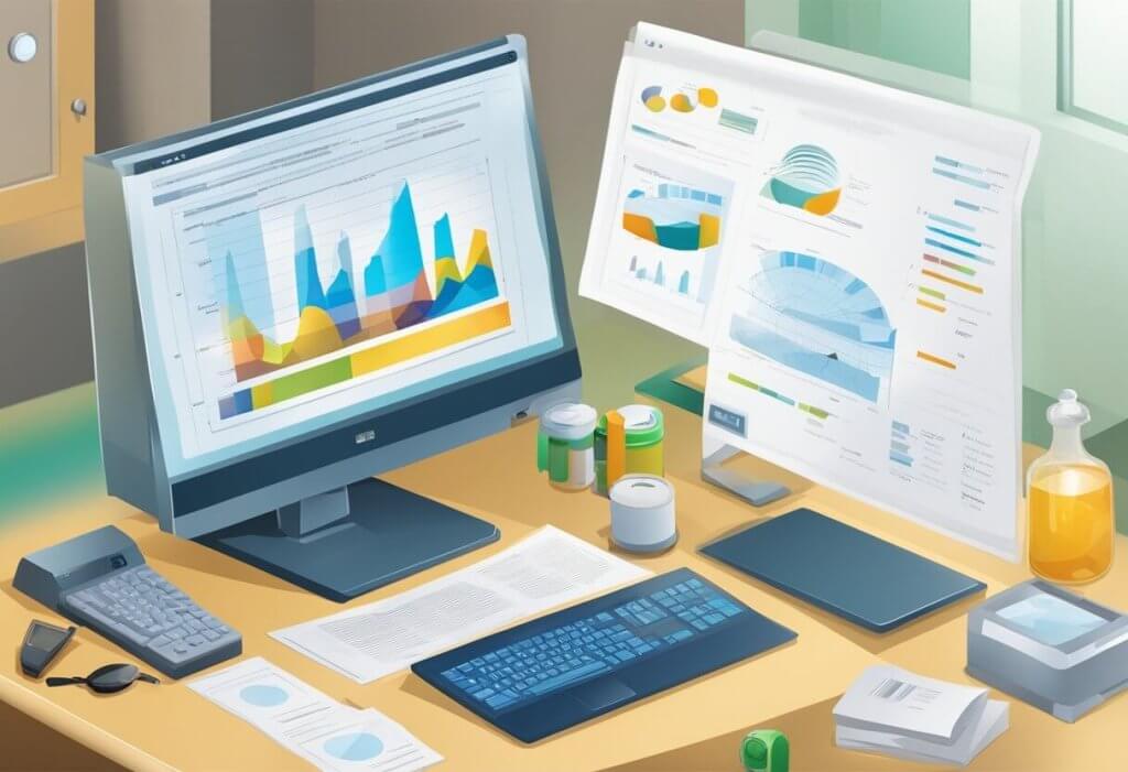 A table with lab equipment, a computer displaying data, and a printed certificate of analysis