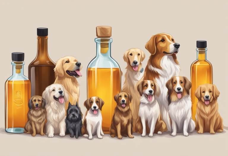 Multiple prescription bottles replaced by a single bottle of CBD oil, surrounded by happy and healthy pets
