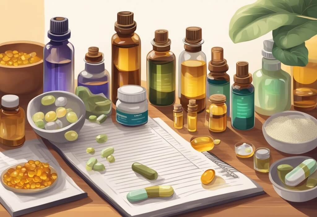 A variety of pet medications scattered on a table, with a bottle of CBD oil placed prominently in the center