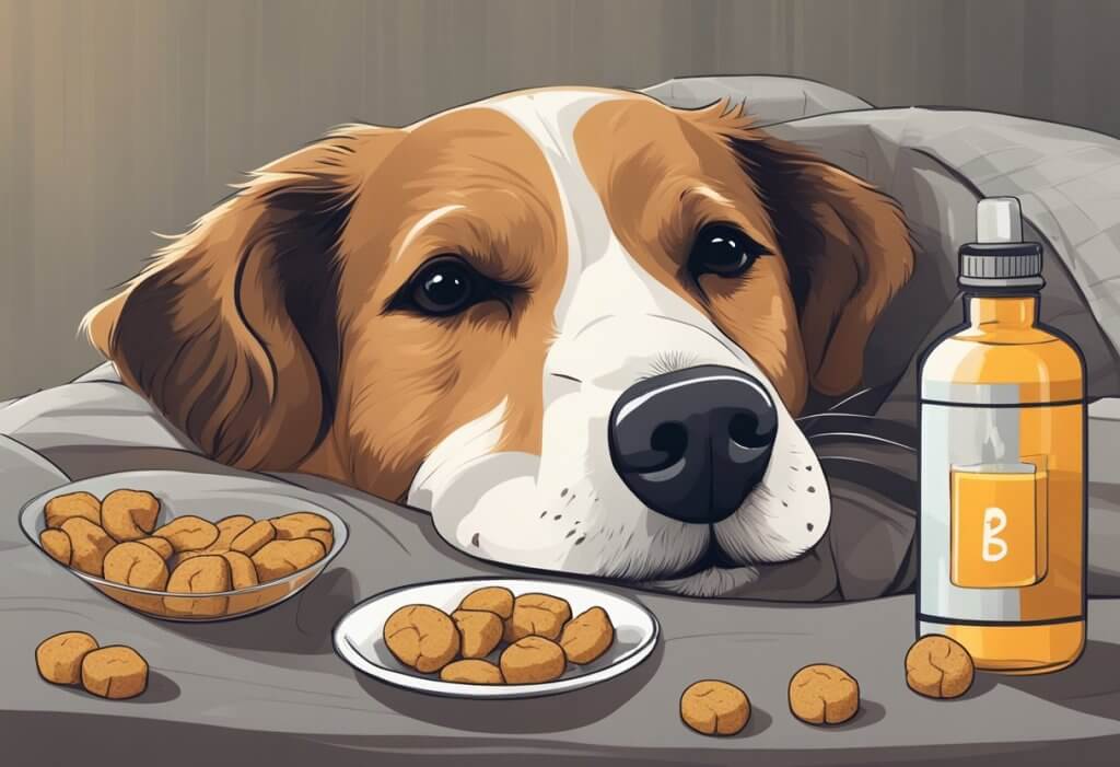 A dog lying on a comfortable bed, with a bottle of CBD oil and a bowl of treats nearby. The dog looks relaxed and content, illustrating the potential benefits of using CBD to treat pet ailments