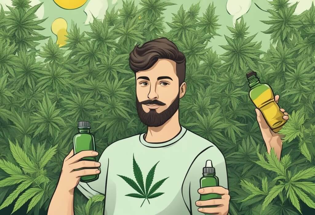 Will CBD make me high? A person holding a bottle of CBD oil with a question mark above their head, surrounded by various cannabis plants and a clear "No" sign