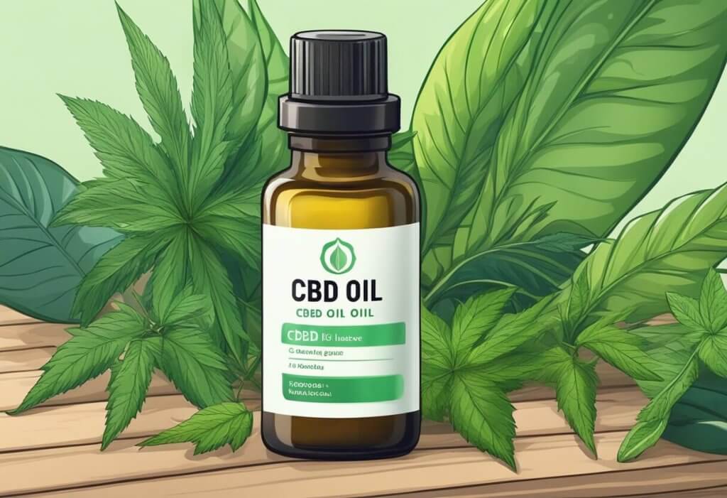 A bottle of CBD oil sits on a wooden table, surrounded by green leafy plants. A gentle, calming aura emanates from the bottle, suggesting relaxation and relief