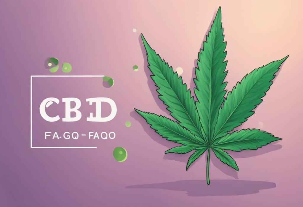 CBD FAQ title above cannabis leaf logo. No people