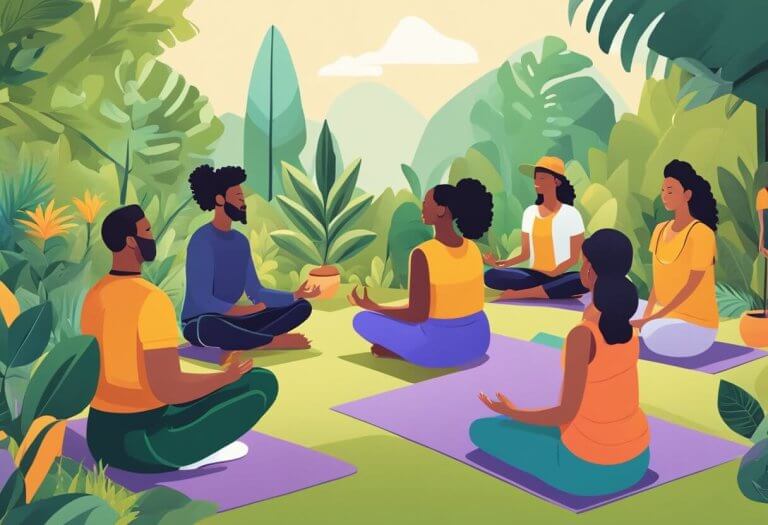 A group of people gather in a vibrant outdoor setting, surrounded by lush greenery. They are enjoying CBD-infused products and engaging in wellness activities, such as yoga and meditation, to celebrate 420 in a health-focused way
