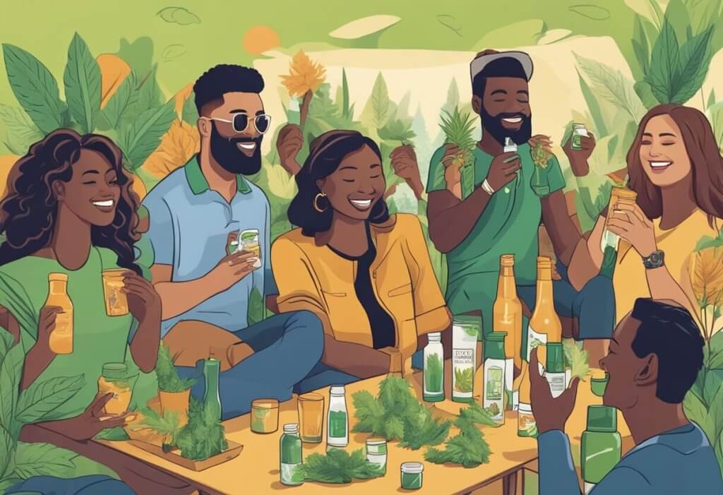 A group of people enjoying a 420 celebration with CBD products, showcasing the health benefits and wellness-focused side of the event
