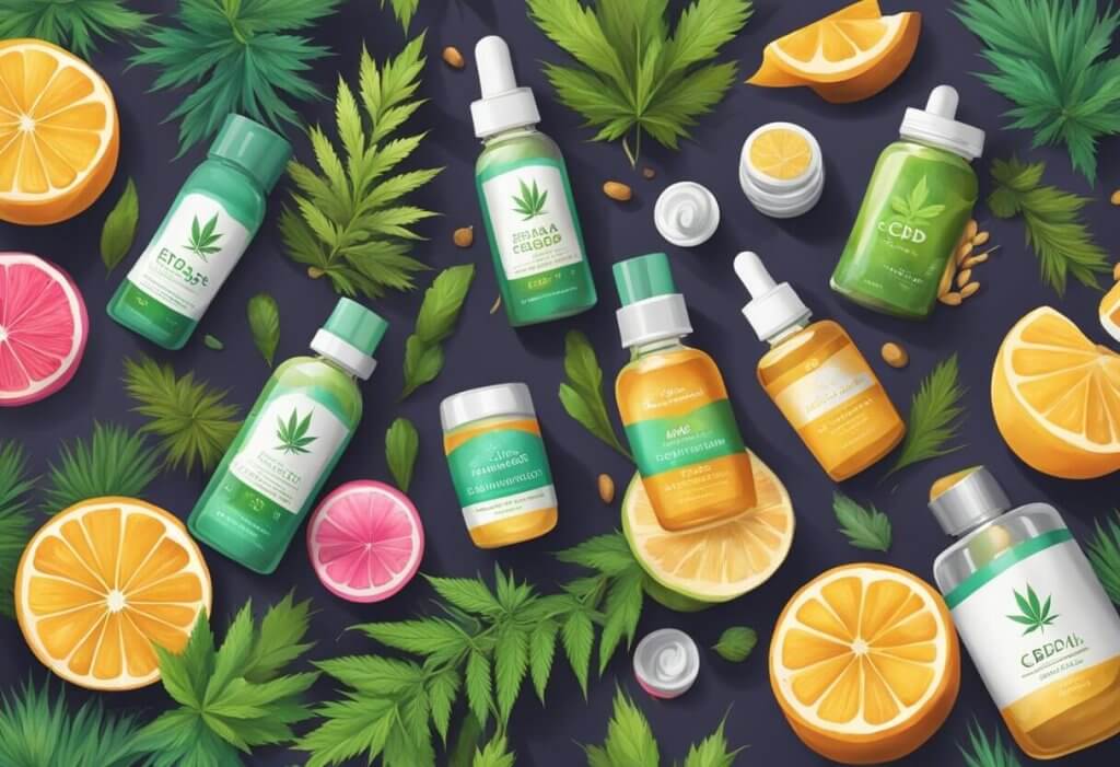 A festive display of CBD products, surrounded by vibrant colors and natural elements, evoking a sense of health and wellness