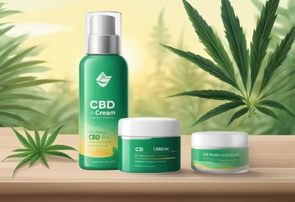 CBD topical effectiveness - A bottle of CBD cream sits on a table next to a tube of pain relief gel. A serene setting with natural elements in the background