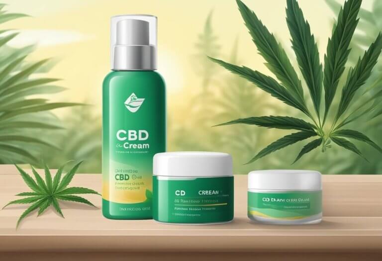 A bottle of CBD cream sits on a table next to a tube of pain relief gel. A serene setting with natural elements in the background