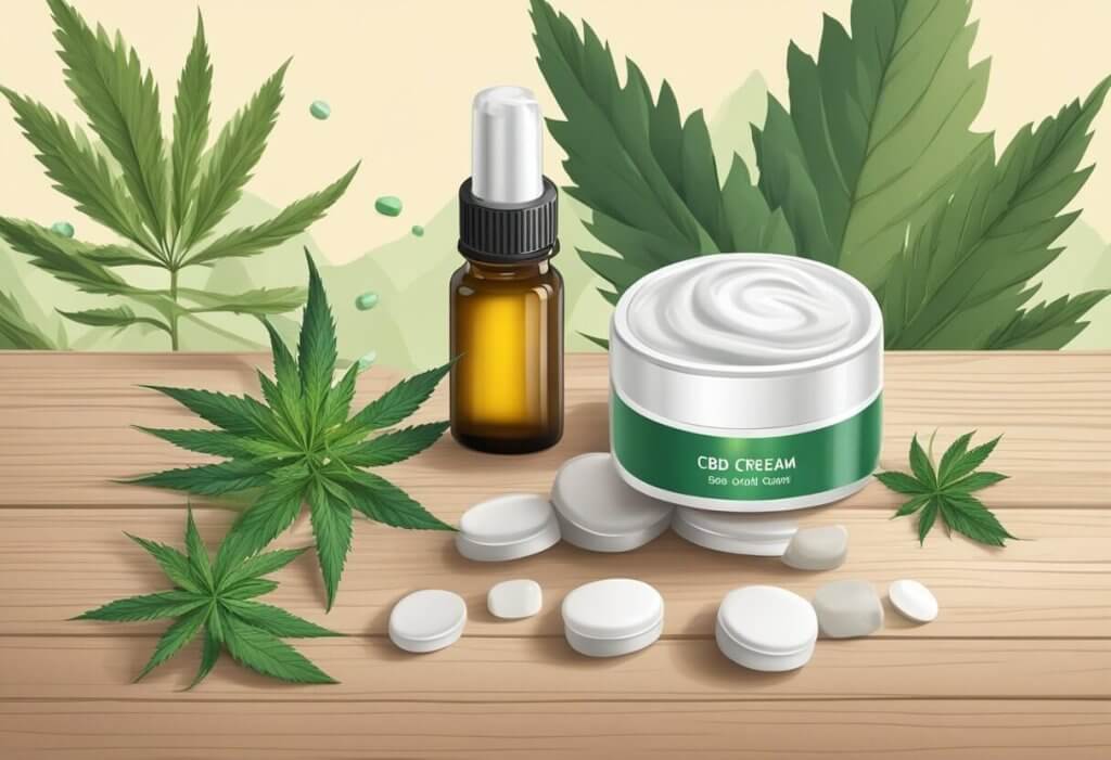 A container of CBD cream sits next to a bottle of essential oil on a wooden table, surrounded by scattered pain relief pills and a soothing, nature-inspired background