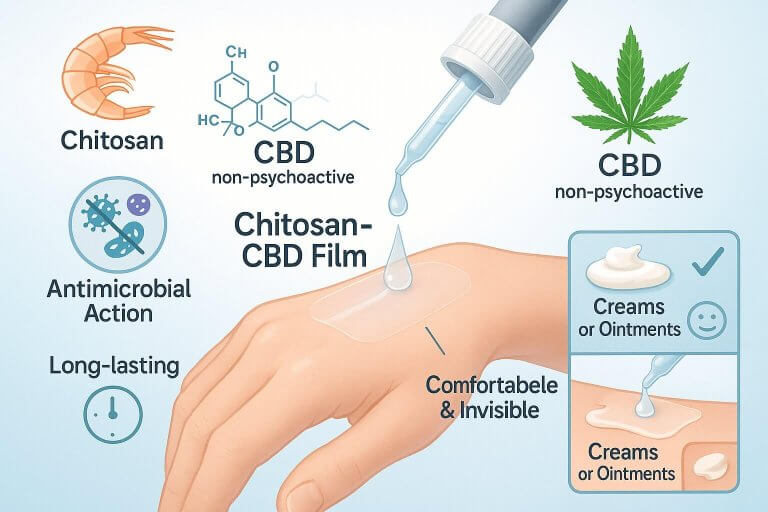 Illustration of a hand with a transparent chitosan-CBD film being applied to the skin, highlighting antimicrobial protection against bacteria and fungi, sustained drug release over time, and cosmetic advantages compared to traditional creams or ointments.