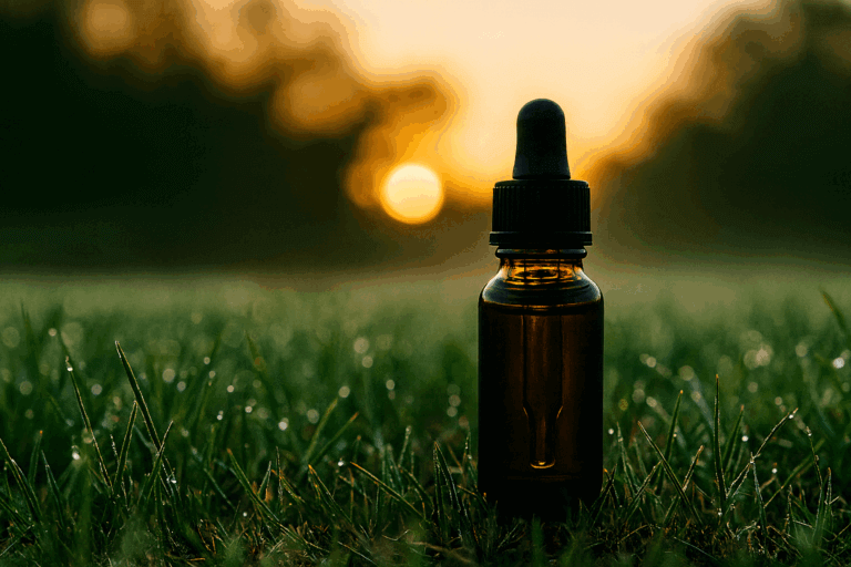 A small amber CBD oil bottle on dewy grass at sunrise, symbolizing natural calm and relief from anxiety and depression.