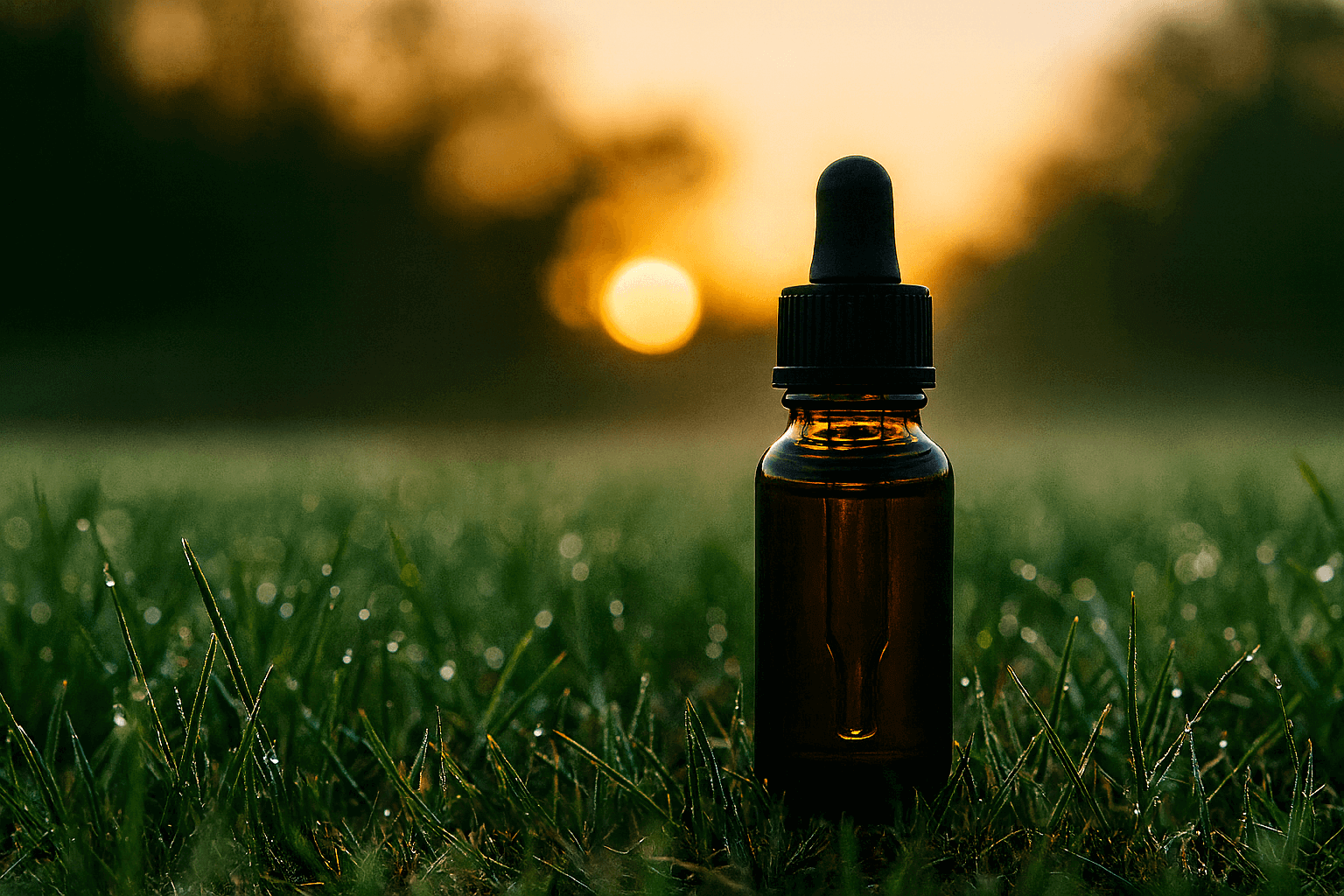 A small amber CBD oil bottle on dewy grass at sunrise, symbolizing natural calm and relief from anxiety and depression.