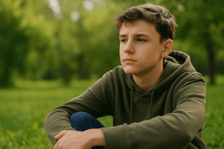 A lonely teenage boy sitting thoughtfully on grass in a sunny park