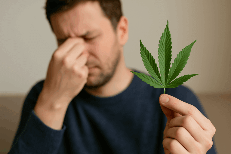 Man holding a green CBD leaf while sitting indoors, representing natural healing, mental balance, and relief from stress or anxiety.