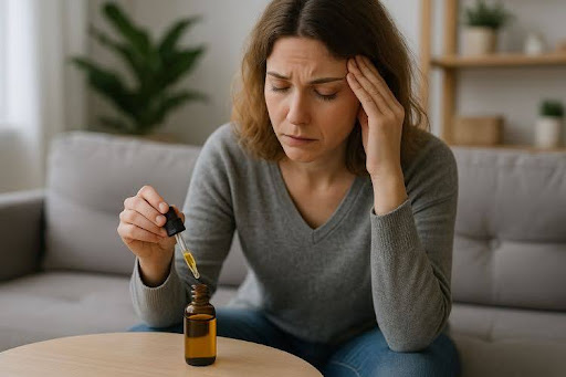 A young woman obviously depressed reaching for CBD on a table.