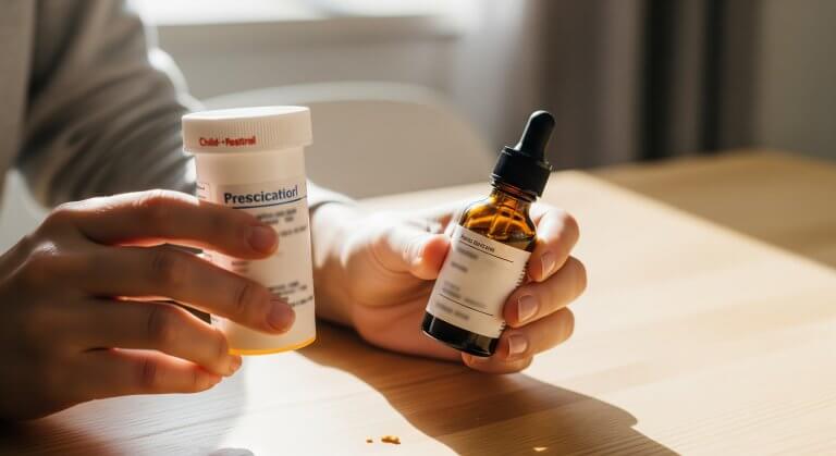 A close-up lifestyle photo of someone holding a prescription pill bottle in one hand and a small amber dropper bottle (like CBD oil) in the other, symbolizing the contrast between traditional antibiotics and emerging alternatives. The setting is a bright kitchen table, with natural light suggesting hope and possibility.