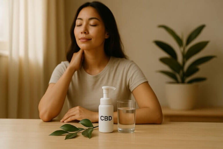 A woman rubbing CBD topical cream on her neck.