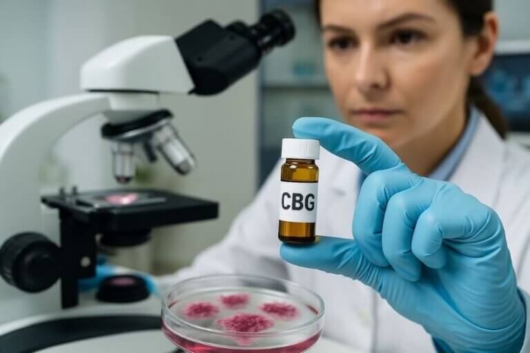 A woman in a lab coat by a microscope holds a bottle of CBG