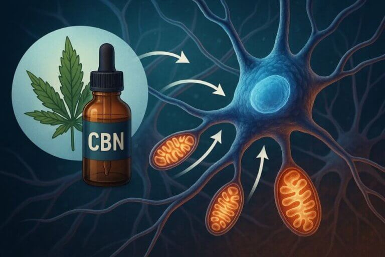 A bottle of CBN over a depiction of brain cells in motion with arrows