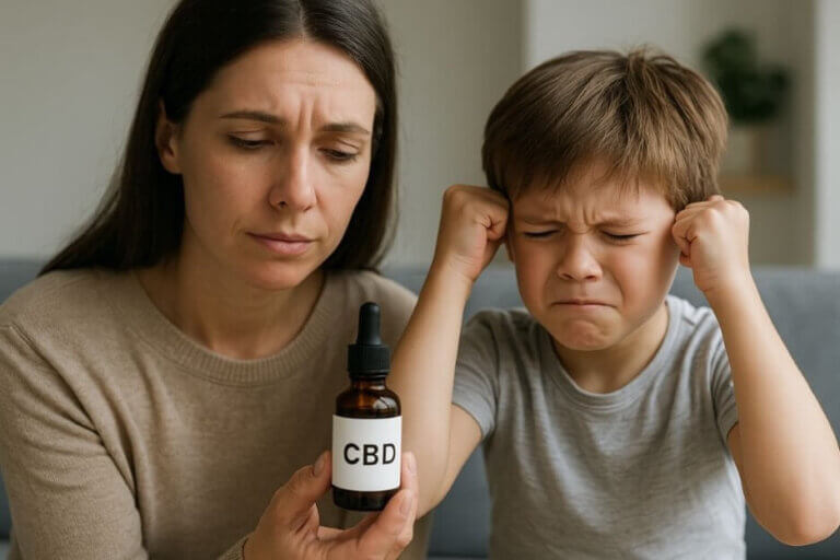 A calm parent with an angry child, holding a CBD bottle
