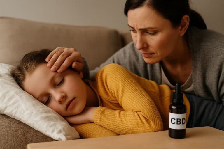 A mother comforting a child with epilepsy laying down