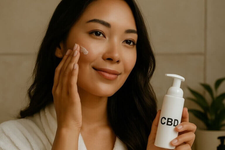 A woman using CBD topical cream on her face