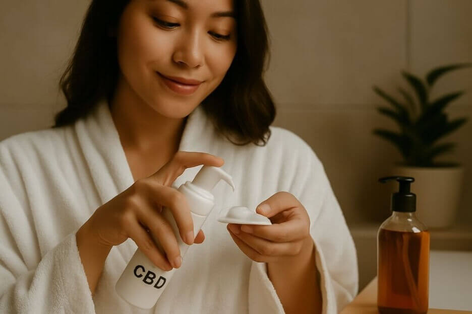 A woman in a robe puts CBC cream on her hand to use on other parrts of her body