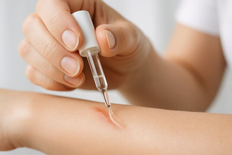 A close-up photo of a person applying a clear, fast-drying film or serum to a small cut or patch of skin on their arm.