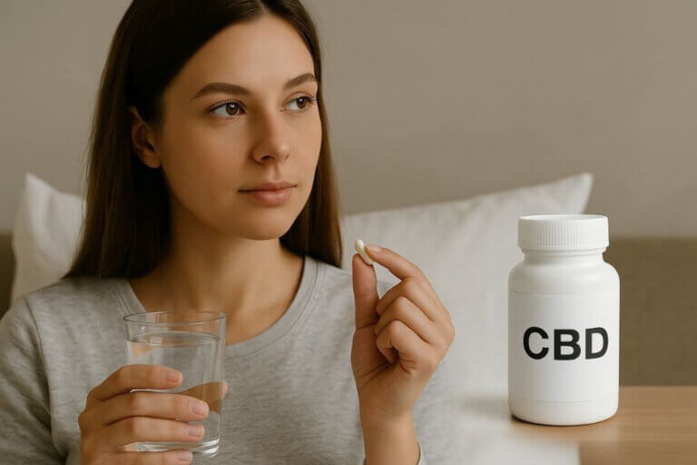 A young woman is about to ingest a CBD capsule