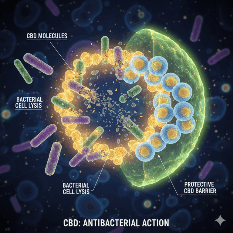 CBD's antibacterial mechanism attacking harmful bacteria cells