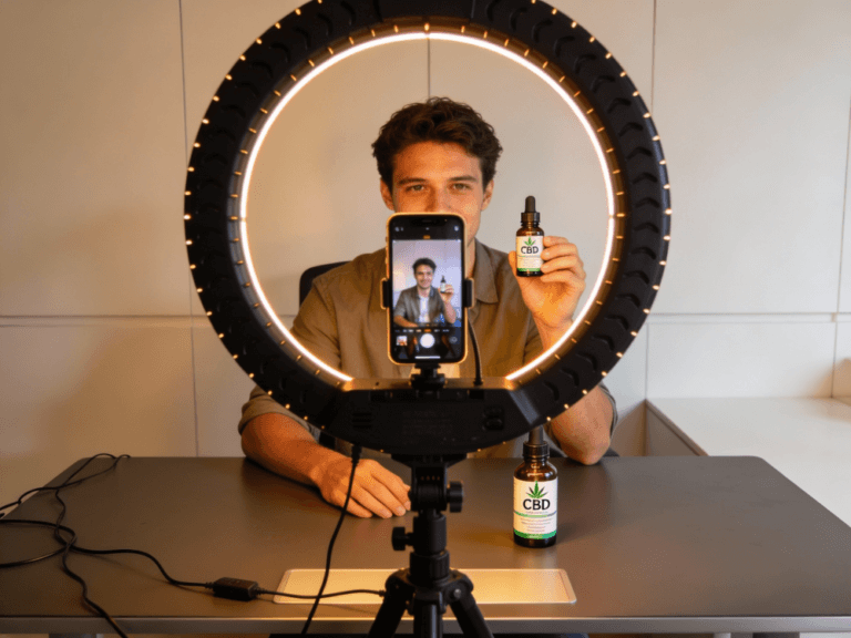 behind the scenes filming of a video review for a CBD product